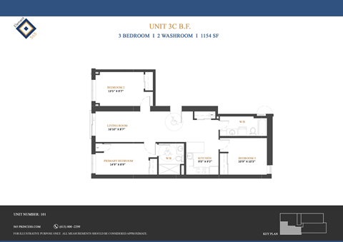 Floor plan for 3 beds, 2 baths, 1154 sqft